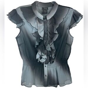 Speak2Me Sheer button down blouse ruffle cap sleeves peplum waist Black Gray L